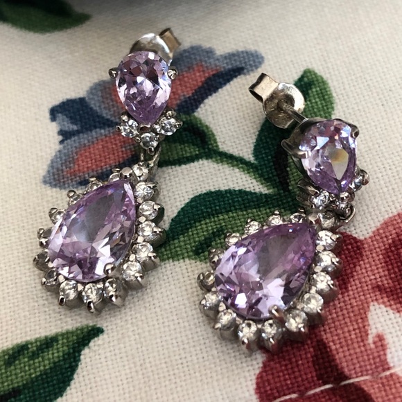 Sterling Silver 925 Purple and Clear Stone Dangle Earrings - Picture 12 of 16